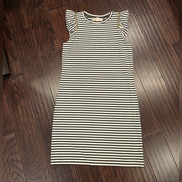 Michael Kors Olive & White Striped Dress XS Gold Shoulder Zippers 🚢 - Picture 4 of 9